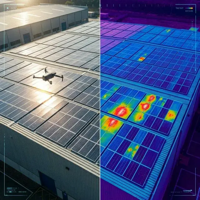Visualización ilustrativa de inspección aérea de una cubierta fotovoltaica